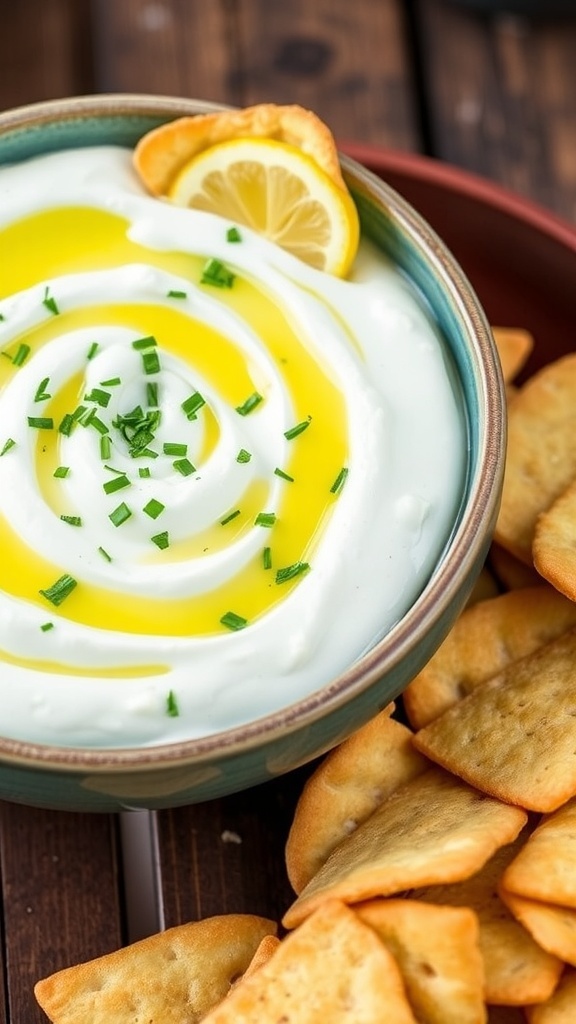 Lemon Feta Dip with Greek Yogurt Recipe A bowl of lemon feta dip with pita chips on a rustic table, garnished with herbs.